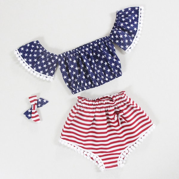 July 4th baby girl clothes, baby girl bloomers, baby girl bikini, baby girl outfits, summer set, July fourth baby girl shorts, baby girl top