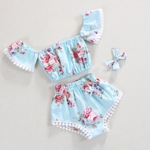 light blue floral baby girl summer set baby girl bloomers, baby girl boho outfits Easter baby girl clothes baby girl shorts baby girl top