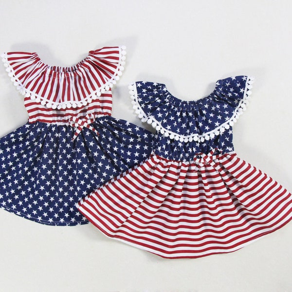 4th of july baby girl dress little girls dress first fourth of july birthday dress Memorial day dress ruffle collar dress striped star dress