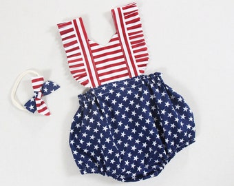fourth of july baby girl outfit baby girl clothes baby girl romper first 4th of july birthday outfit Memorial day romper star striped romper