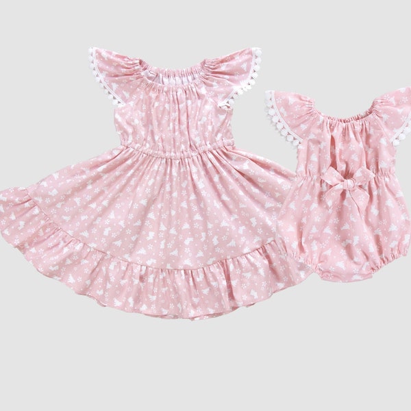 Fille assortie à des tenues de Pâques avec une tenue de lapin rose pour petite fille Tenues assorties pour une soeur Robe de lapin assortie à une robe assortie à une petite soeur Cake smash twirl