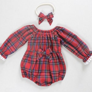 Royal Stewart Tartan Baby Romper, Christmas Outfit with Headband