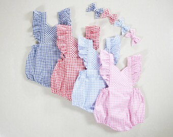 red gingham baby romper