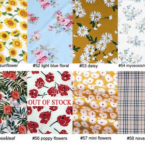 May include: A collection of fabric swatches featuring various floral and patterned designs. The swatches include sunflowers, daisies, roses, poppy flowers, and a plaid pattern. Each swatch is labeled with a number and description.