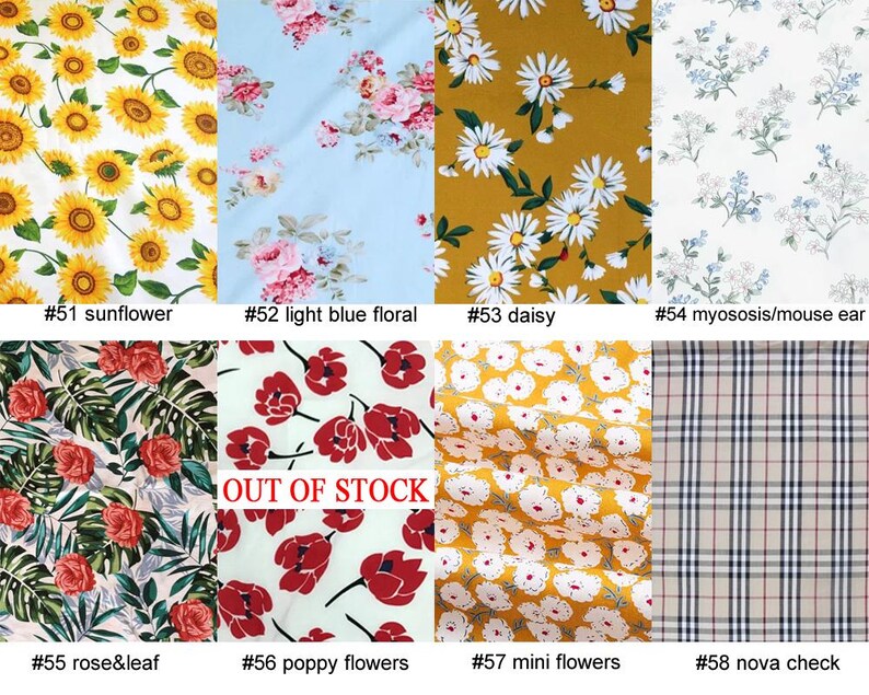 May include: A collection of fabric swatches featuring various floral and patterned designs. The swatches include sunflowers, daisies, roses, poppy flowers, and a plaid pattern. Each swatch is labeled with a number and description.
