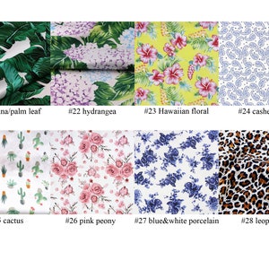 May include: A collection of fabric swatches with various patterns. Designs include banana leaves, hydrangeas, Hawaiian floral, cashew nut, cactus, pink peony, blue and white porcelain, and leopard print. Each swatch is labeled with a number and pattern name.