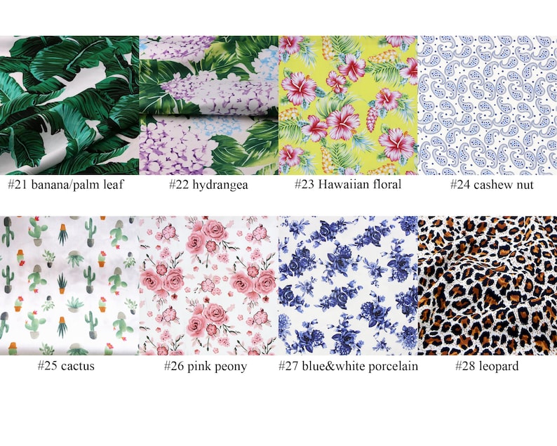 May include: A collection of fabric swatches with various patterns. Designs include banana leaves, hydrangeas, Hawaiian floral, cashew nut, cactus, pink peony, blue and white porcelain, and leopard print. Each swatch is labeled with a number and pattern name.