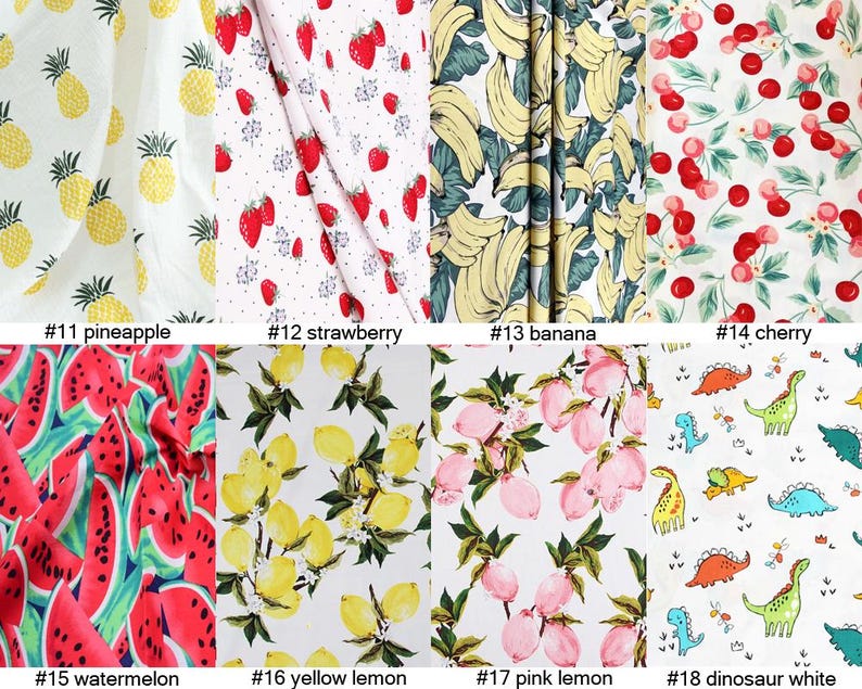 May include: A collection of patterned fabrics featuring various fruit and dinosaur designs. Patterns include pineapples, strawberries, bananas, cherries, watermelons, yellow lemons, pink lemons, and dinosaurs. Each fabric is labeled with a number and the fruit or design name.