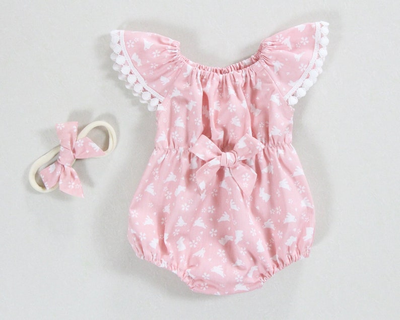 Pink Baby Girl Easter Outfit Baby Girl Bunny Rompert First Etsy