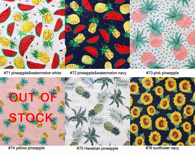 May include: A collection of fabric swatches with various tropical fruit and floral patterns. Designs include pineapples, watermelons, sunflowers, and tropical leaves. The swatches are labeled with numbers and descriptions, including "OUT OF STOCK" on one.