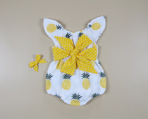 Baby Girl Pineapple Romper, Yellow Polka Dot Bow, Cotton Outfit