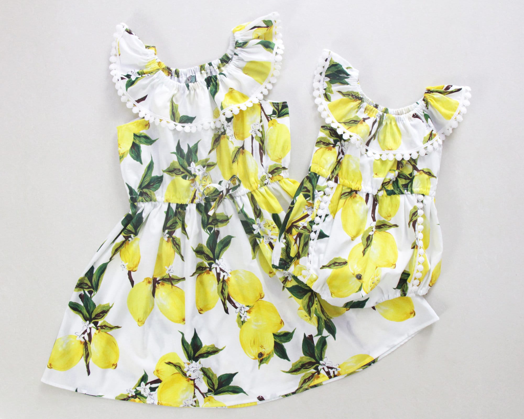 Yellow lemon matching sister outfits big sister little sister outfits sibling outfits baby girl outfit baby girl romper ruffle collar outfit