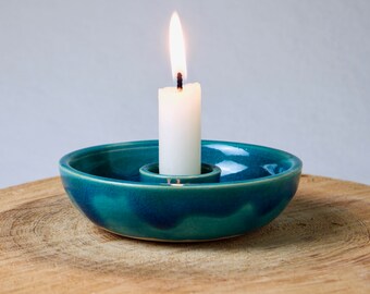 Getöpferter Kerzenhalter Keramik — grüntürkis & elegant