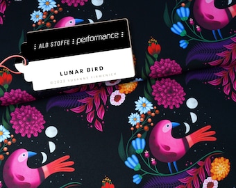 Albstoffe Performance, Lunar Bird negro, pájaros y flores.