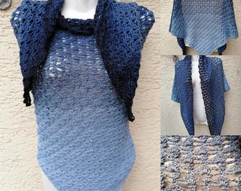 XXL Triangular cloth 200 cm long 110 cm wide hand crocheted blue grey