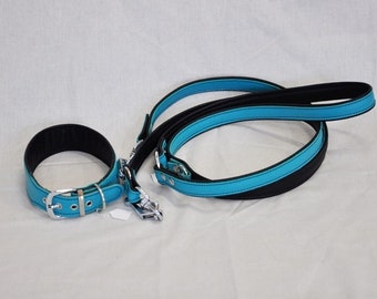 Dog collar leather + leash green, pink, turquoise set