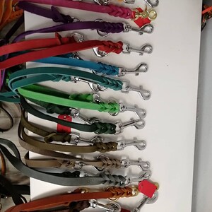 Könnte beinhalten: Eine Sammlung farbenfroher Hundeleinen aus Leder. Die Leinen sind in verschiedenen Farben erhältlich, darunter Orange, Rosa, Lila, Rot, Türkis, Grün, Olive, Braun, Grau und Rost. Jede Leine hat einen silberfarbenen Metallverschluss und einige haben geflochtene Abschnitte.