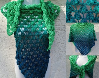 XXL triangular scarf 200 cm long 100 cm wide hand crocheted blue green