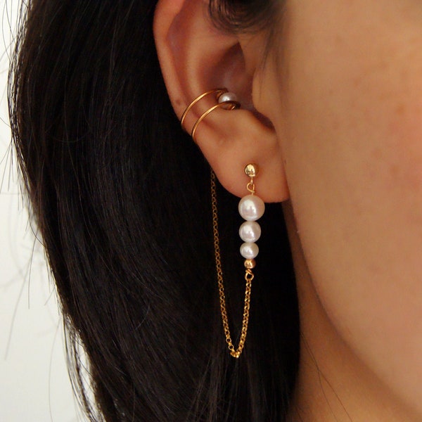 Pearl Ear Cuff Chain Earrings,Dainty cuff, Long Chain Threader Earring,Fake Piercings,Huggie helix earring,Ear cuff,cartilage hoop,Ear Wrap