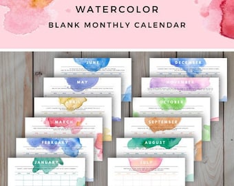 Watercolor Calendar Printable, Desk Calendar Monthly, Watercolor, PDF, Letter Size, Elegant, Simple, Colorful