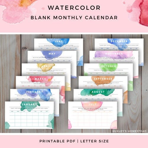 Watercolor Calendar Printable Desk Calendar Monthly - Etsy