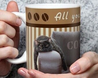 Funny cat mug with coffee saying All You Need is Coffee cat motif gift for cat lovers women girlfriend