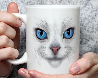 Tasse Katze lustig mit Katzenmotiv Katzen Gesicht Blaue Augen White Cat Blue Eyes Geschenk für Katzenliebhaber Frauen Freundin Kollegin