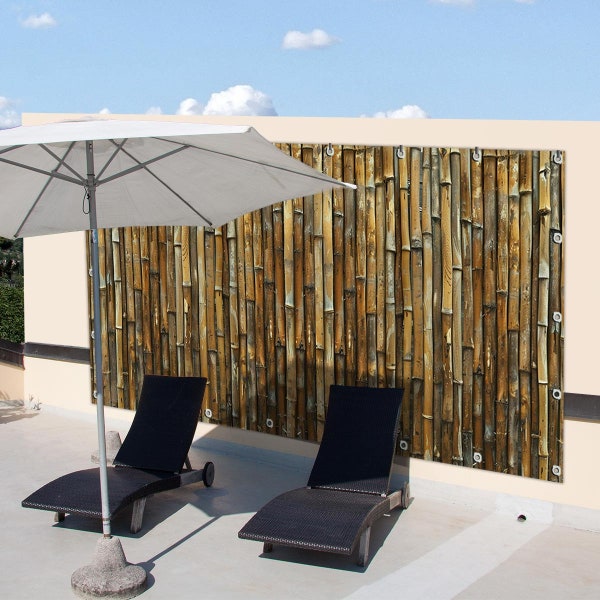 Großer Sichtschutz für Garten Terrasse Deko Banner Motiv Plane Bambus Zaun Optik Gartenzaun Dekoration Outdoor Braun 340x173 cm