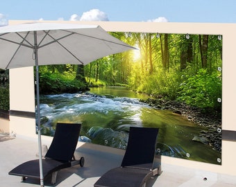 Large privacy screen for garden, terrace, fence, decorative banner, motif, tarpaulin, water, forest, stream, garden fence decoration, outdoor, 340 x 173 cm