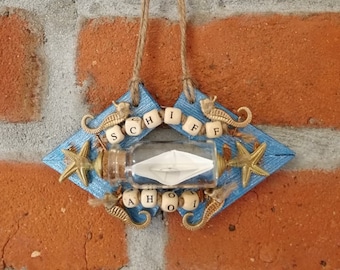 Gift tag SHIP AHOI, maritime gift idea made of wood, housewarming gift, beach holiday, beach house, small ship in a bottle, unique