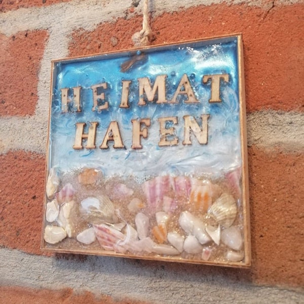 HEIMATHAFEN wanddecoratie, hars, epoxyhars decoratie, maritieme decoratie, schelpen, houten letters, strand, cadeau reizen