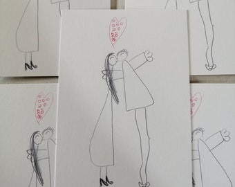 Romantische Postkarte Liebespaar, Kinderskizze, Eltern, Valentinstagskarte, süße Postkarte Liebe, naive Kunst, nachhaltige Grußkarte, Liebe