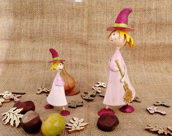 Funny witch figures in small and large sizes, metal decoration Halloween, witch broom, witch hat with glitter, funny witch decoration, autumn decoration