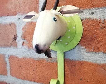 Funny animal wall hook with goat motif in green, great decoration idea for young and old, children's room furniture, daycare furnishings, farm decoration