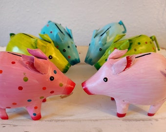 Metal piggy bank, funny money box, money gift, gift idea for children, school enrollment, Easter gift, metal decoration, blue, green, pink