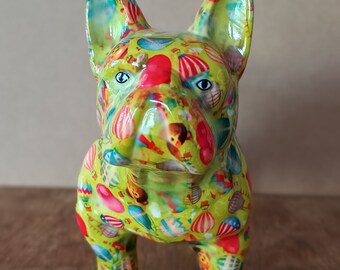 Witzige Spardose Französische Bulldogge aus Keramik, gestaltet mit Serviettentechnik, Unikat,French Doggie, Geschenkidee Einzug,Geldgeschenk