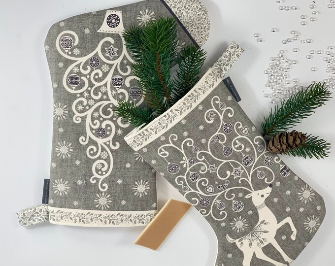 Santa stocking, Santa boot grey - cream, Santa bag, Santa sock, Santa gift, Santa boot to fill, Christmas decoration