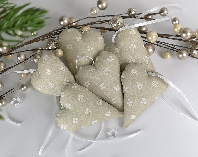 6 fabric hearts - hearts - decorative hearts cream - beige, tree decoration, Christmas decoration, door wreath, window decoration, gift tag, Christmas tree decoration