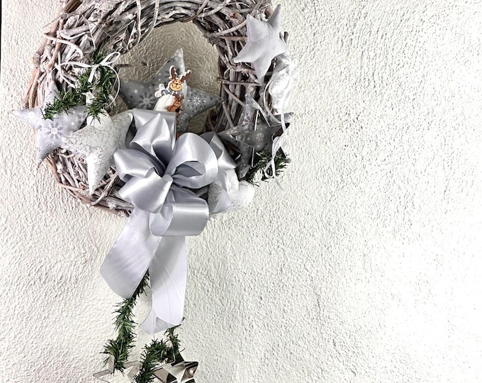 Christmas door wreath grey-white-silver, Christmas decoration, Advent decoration, stars, hearts, deer, large bow, traditional Christmas