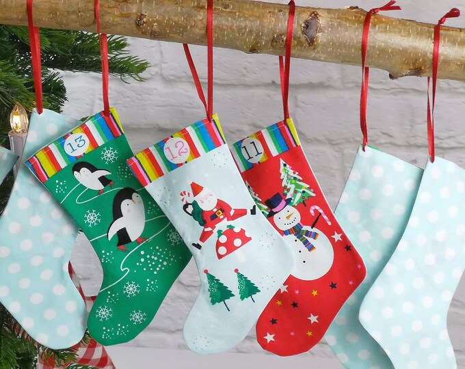 Advent calendar turquoise boots, socks, bags made of beautiful printed cotton fabrics, washable Advent calendar to fill