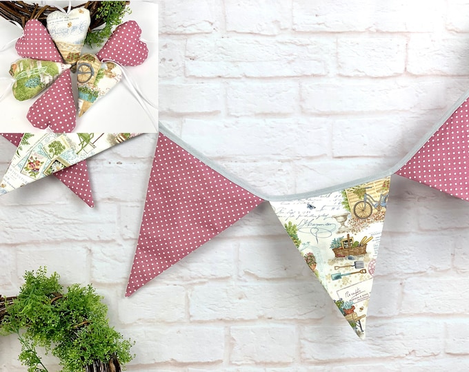 xxl- fabric pennant chain, garden friends, pennant garland, romantic decoration, Christmas gift for women, Mother's Day gift, hearts