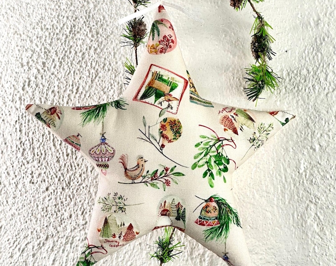 large XXL star beige-red-green birds made of fabric, fabric stars, stars made of fabric, star, deer, bells, mistletoe, Christmas decoration