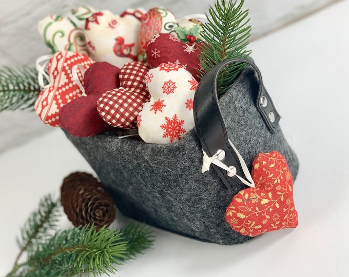 A heart red - cream-white fabric choice, fabric heart, heart made of fabric, Christmas decoration, sewn hearts, star, deer, reindeer