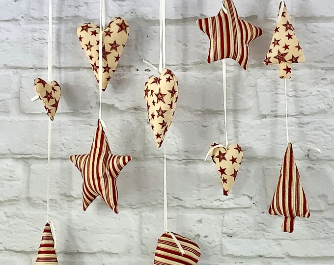Christmas decoration red-gold-beige trees, stars made of fabric, hearts, hearts and stars, Advent decoration, gifts, home decoration made of cotton