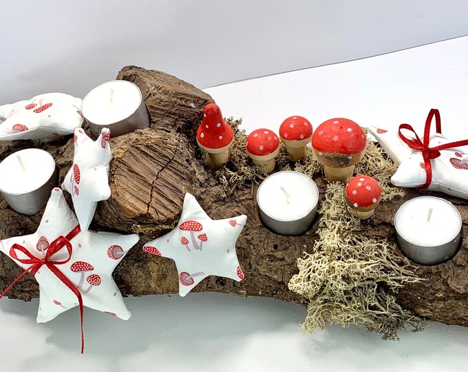 Advent wreath red-white mushrooms, Advent wreath made of wood, Advent arrangement, grey-white, stars, hearts, fir trees