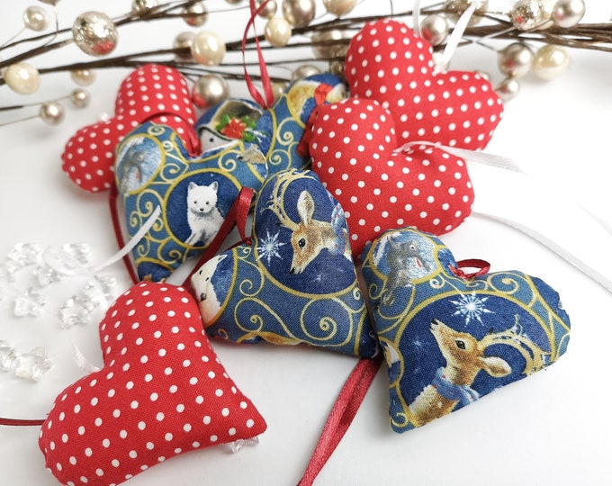 Fabric hearts - hearts - decorative hearts red and blue stars, decorative door wreath, window decoration, gift tag, table decoration, birthday gift