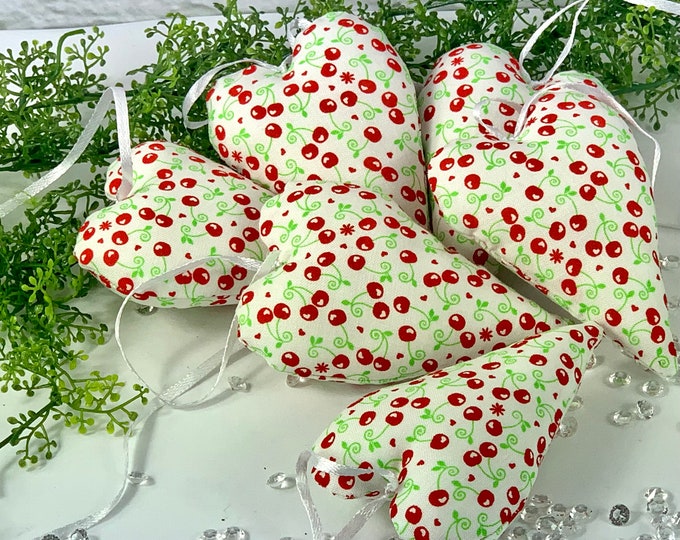 Fabric hearts cherries, hearts, decorative hearts green-red-white, decorative door wreath, window decoration, gift tag, table decoration, gift, fabric cherries