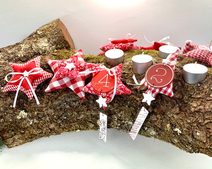 Advent wreath red and white, Advent wreath made of wood, Advent arrangement, red and white, stars, hearts, fir trees