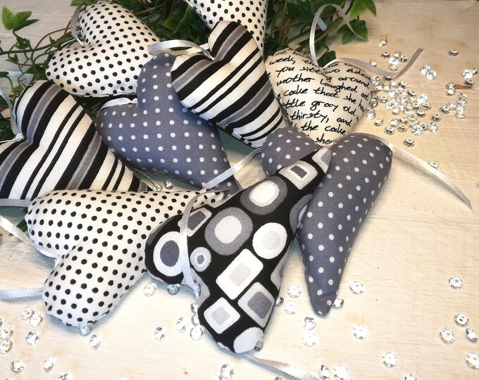 9 hearts fabric hearts in black - grey - white
