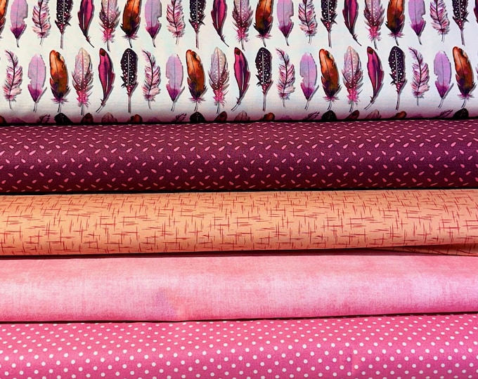 Fabric package cotton pink-pink-orange-wine red feathers, cotton fabric feathers, cotton fabric dots, fabric diamonds, fabric flowers, fabric plain